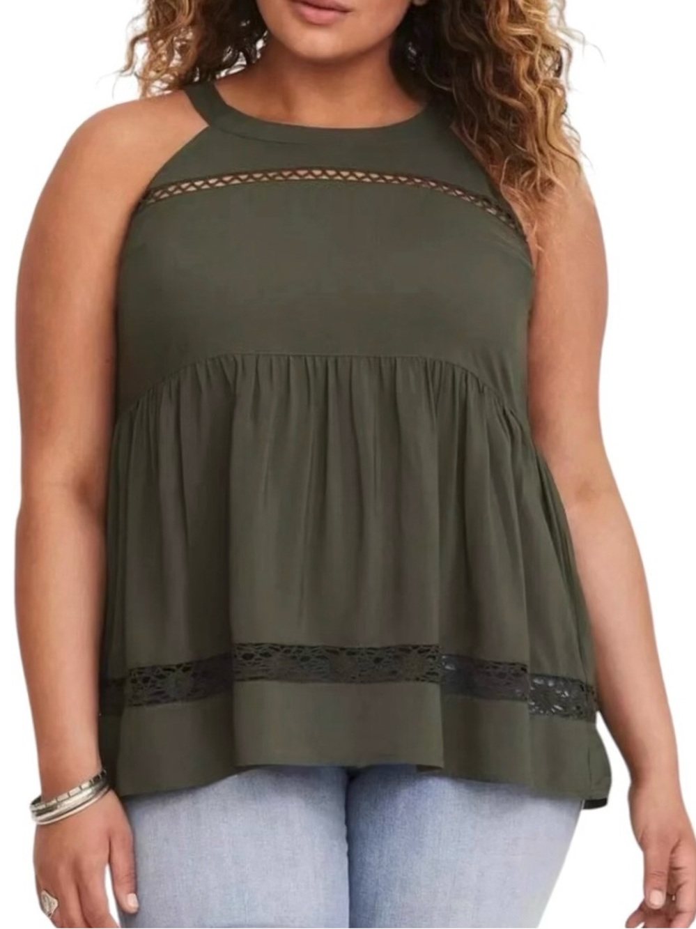 Torrid - Olive Green Crochet Trim Tiered Babydoll High Neck Tunic Tank - NWT - 3